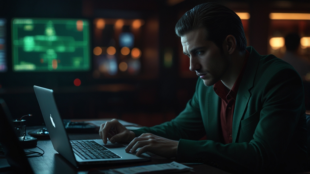 Fehlersuche am Laptop mit Login-Problem im dunklen Casino-Ambiente