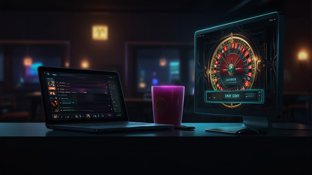 Laptop und Smartphone mit Login-Feld im dunklen Casino-Ambiente