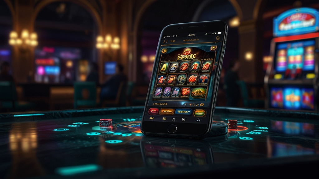 Smartphone mit App-Download-Hinweis vor dunkler Casino-Kulisse