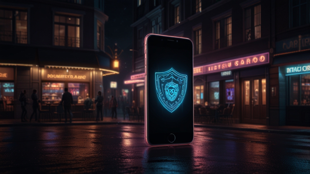 Smartphone mit Schutzsymbol in dunkler Casino-Umgebung